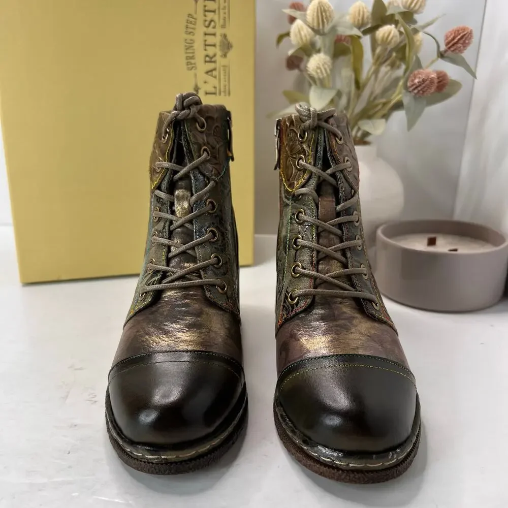 L'Artiste by Spring Step Fallinluv Leather Boot Olive Multi Women 4.5-5 NWB